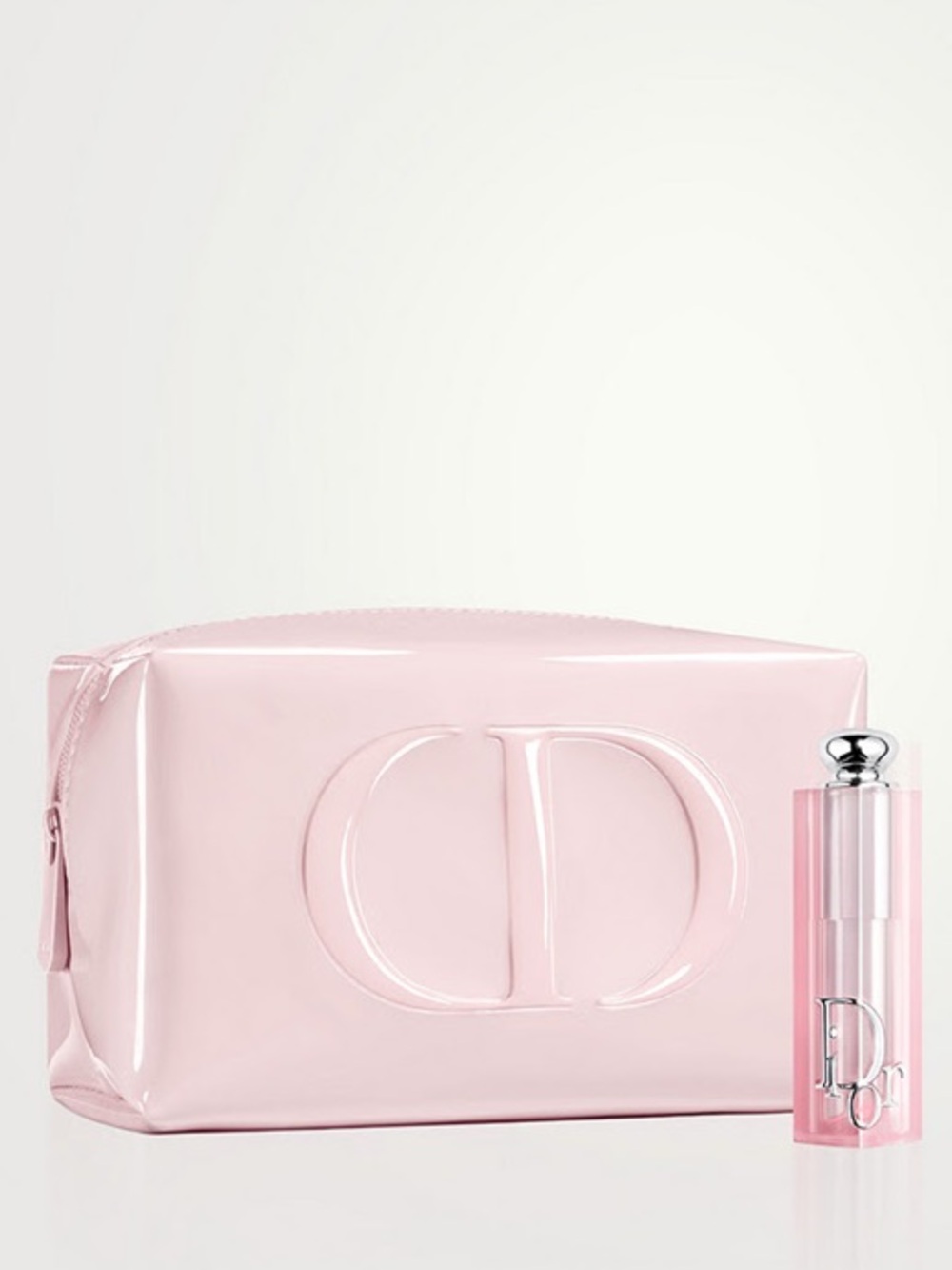 Dior Light Pink Glossy Embossed Cosmetic Case with Mini Dior Lip Gloss NWT
